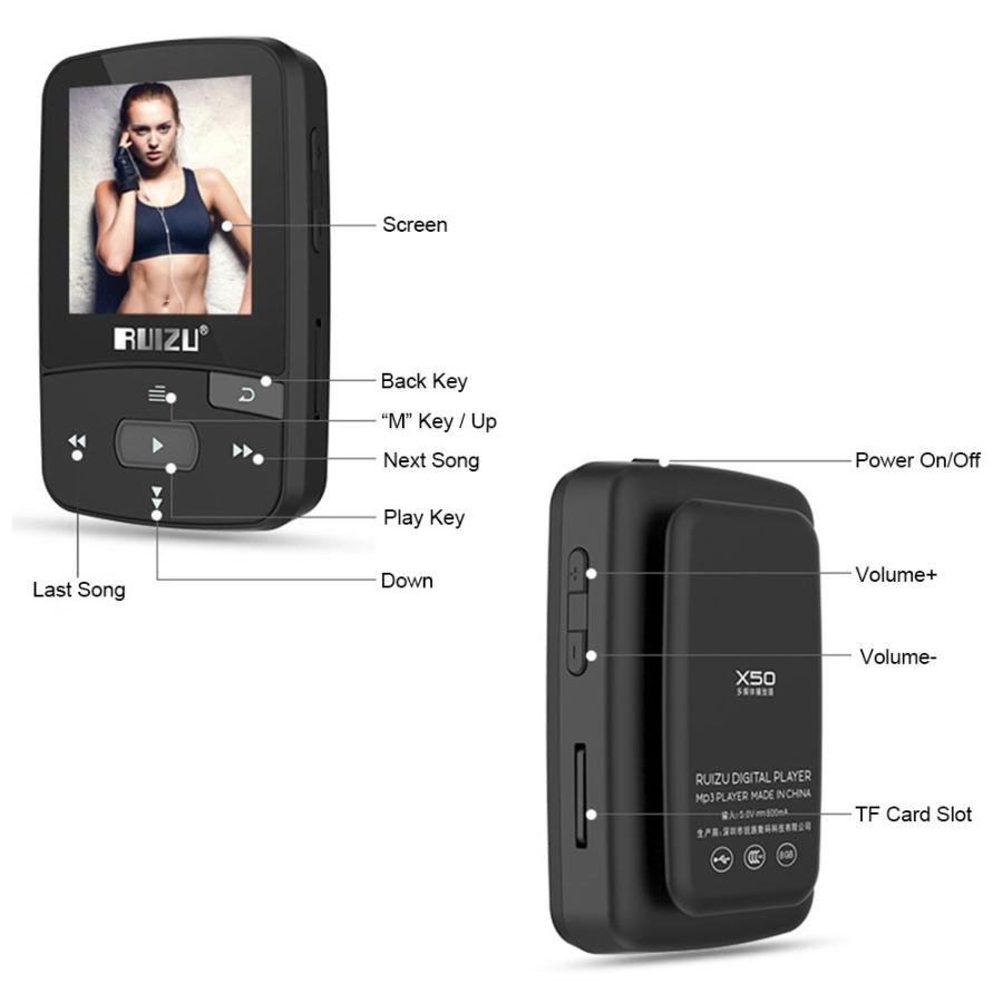 Ruizu X50 MP3 MP4 クリップスタイル Bluetooth 音楽・動画プレーヤー