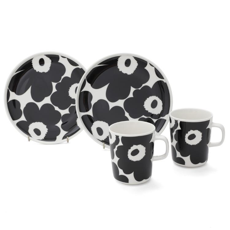 マリメッコ ウニッコ マグカップ 250ml ＆ プレート 20cm  ペアセット ブラック marimekko UNIKKO 北欧 マグ プレート ギフト 結婚祝い プレゼント 贈り物 爆買