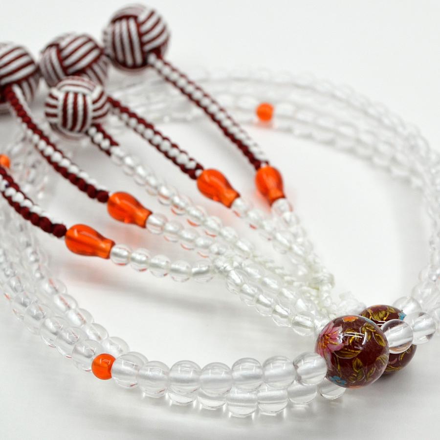 女性用 婦人用 念珠 数珠 エンジ×クリア【親玉花柄入り】098 創価学会