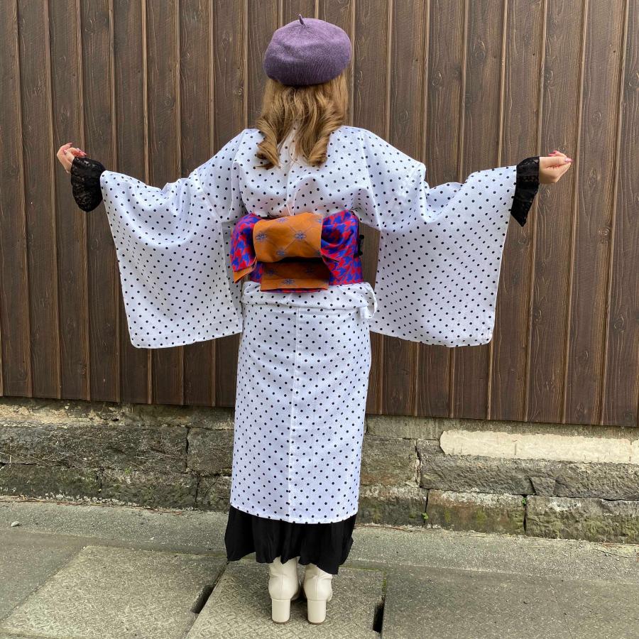 おしゃれ着物 小紋 つむぎ 半幅帯 帯締め 3点セット オレンジ グレー 正絹    1085 おしゃれ着物 小紋 つむぎ 半幅帯 帯締め 3点セット オレンジ グレー