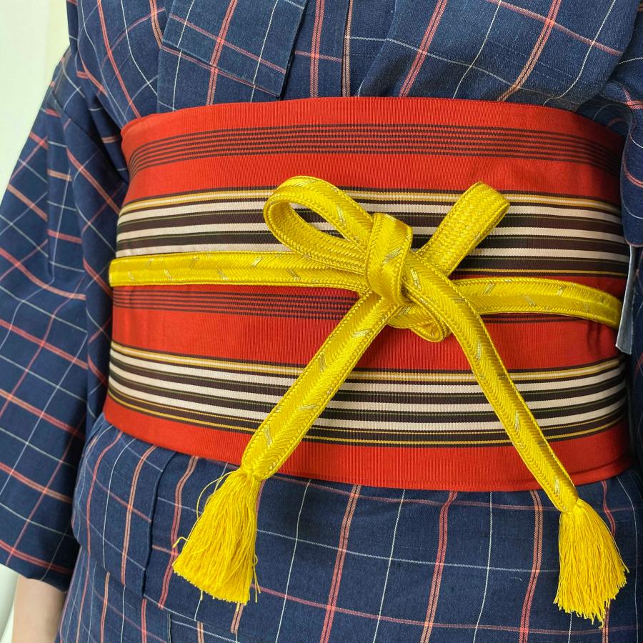 おしゃれ着物 小紋 つむぎ 半幅帯 帯締め 3点セット オレンジ グレー 正絹    1089 おしゃれ着物 小紋 つむぎ 半幅帯 帯締め 3点セット オレンジ グレー