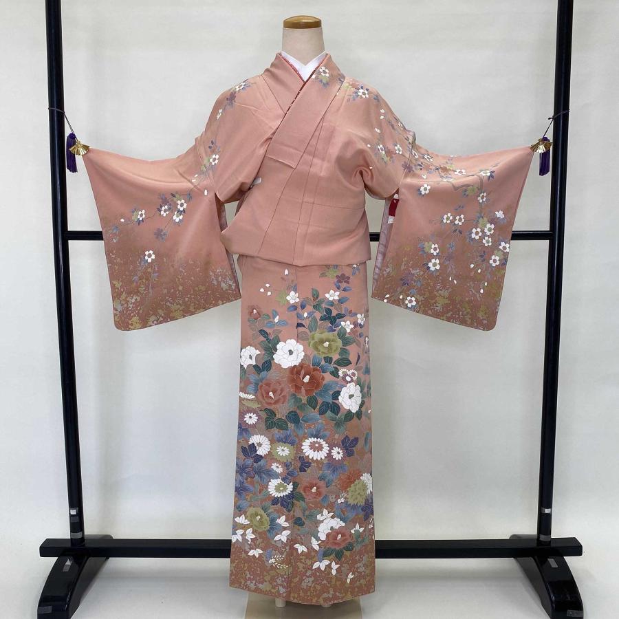 訪問着 中古 古典柄 花柄 ピンク オレンジ ダリア柄 椿 裄68cm 身丈 