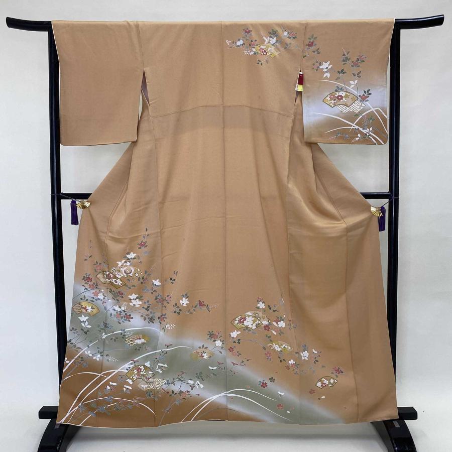 訪問着 中古 古典柄 花柄 扇面 オレンジ グレー 椿 鶴 菊 裄65.5