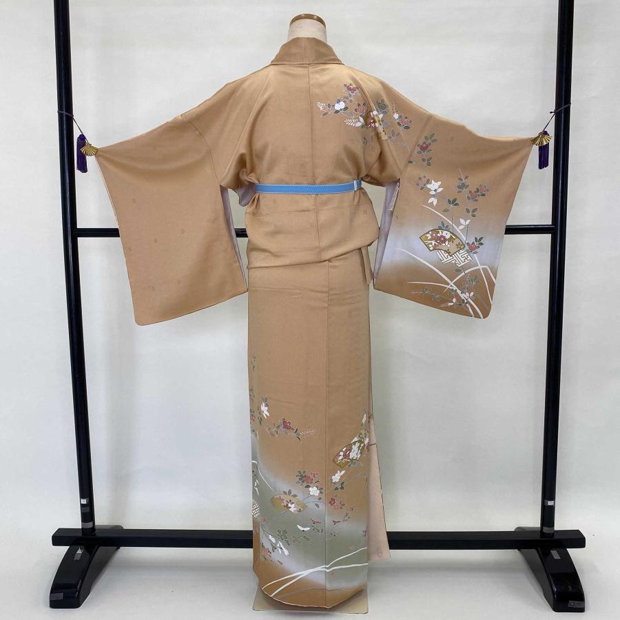 訪問着 中古 古典柄 花柄 扇面 オレンジ グレー 椿 鶴 菊 裄65.5cm  