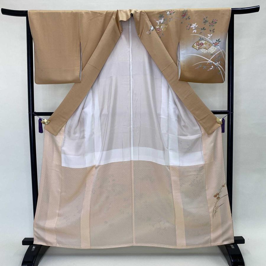 訪問着 中古 古典柄 花柄 扇面 オレンジ グレー 椿 鶴 菊 裄65.5cm  