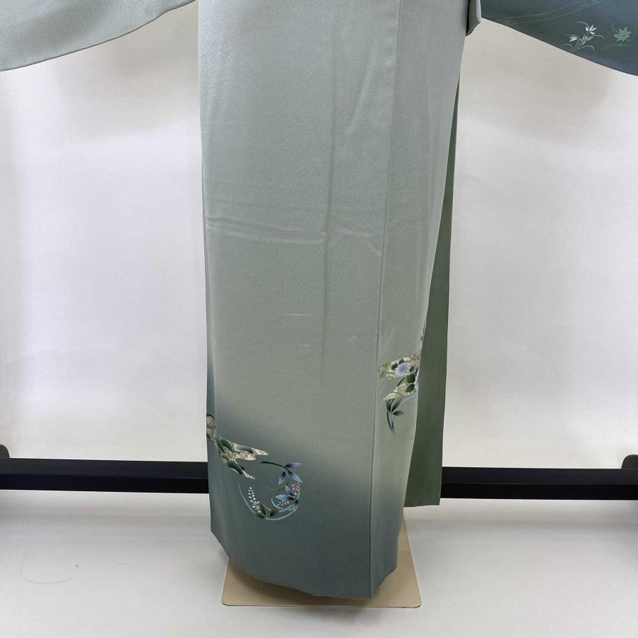 付け下げ 訪問着 中古 古典柄 花柄 薄い緑 緑 松 菊 裄65.5cm 身丈  