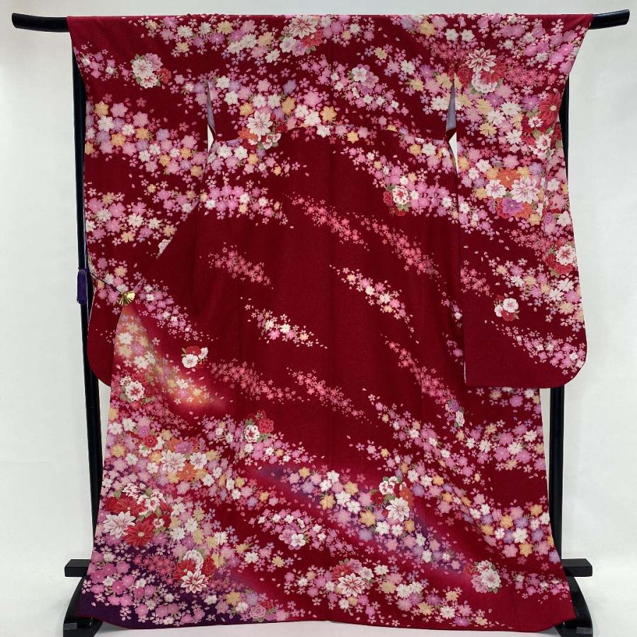 中古 振袖 正絹 美品 花柄 LL サイズ 赤 絞り ラメ入り 成人式 古典 裄