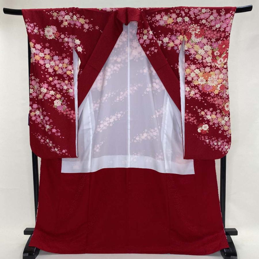 中古 振袖 正絹 美品 花柄 LL サイズ 赤 絞り ラメ入り 成人式 古典 裄