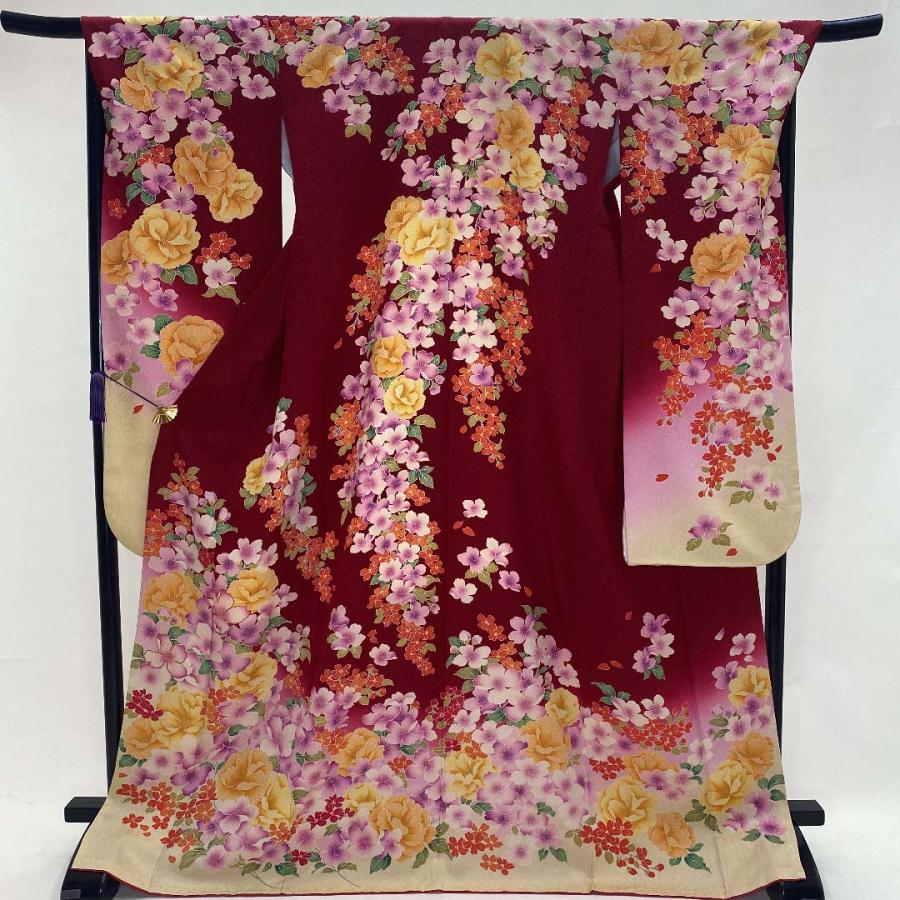 中古 振袖 正絹 美品 花柄 L サイズ 赤 黄色 ピンク 成人式 古典 裄