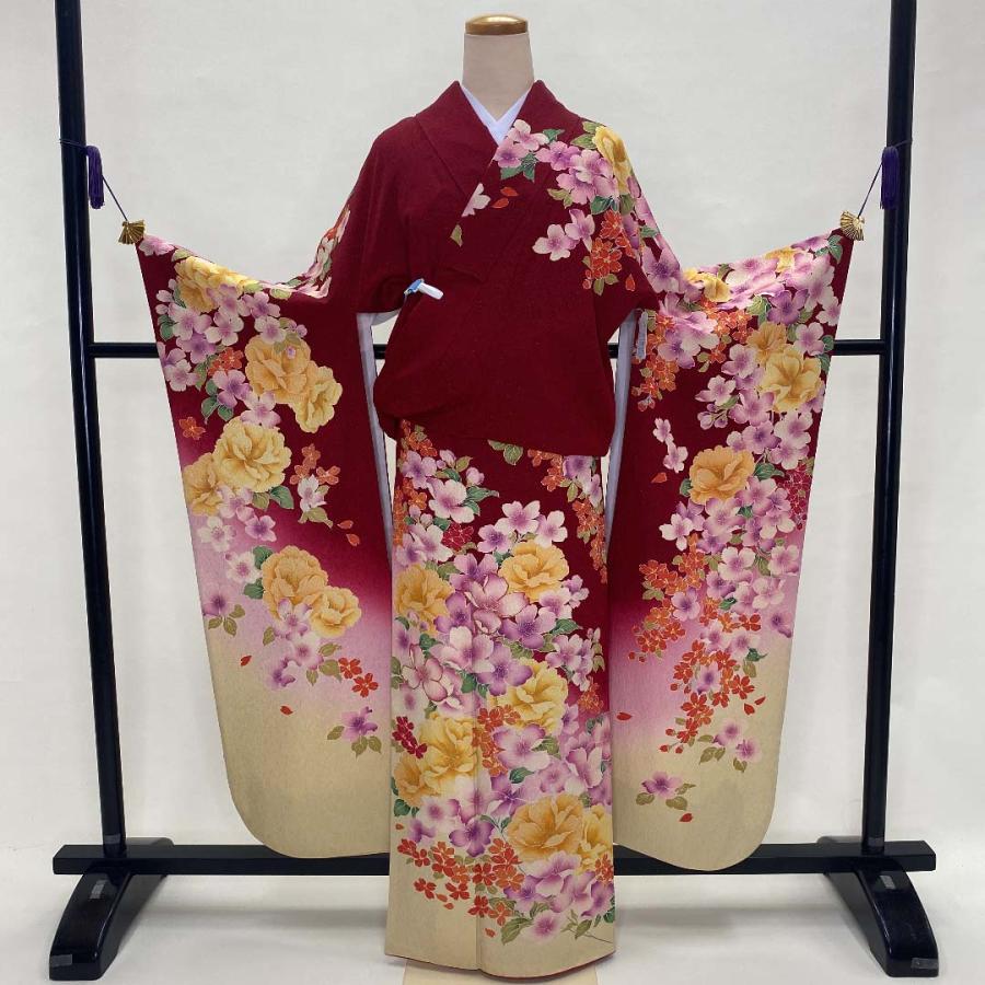 中古　振袖　正絹　美品　花柄　L サイズ　赤　黄色 ピンク　成人式　古典　裄69.5cm　身丈173cm　 1275 中古 振袖 正絹 美品 花柄 L サイズ 赤 黄色 ピンク 成人式 古典 裄
