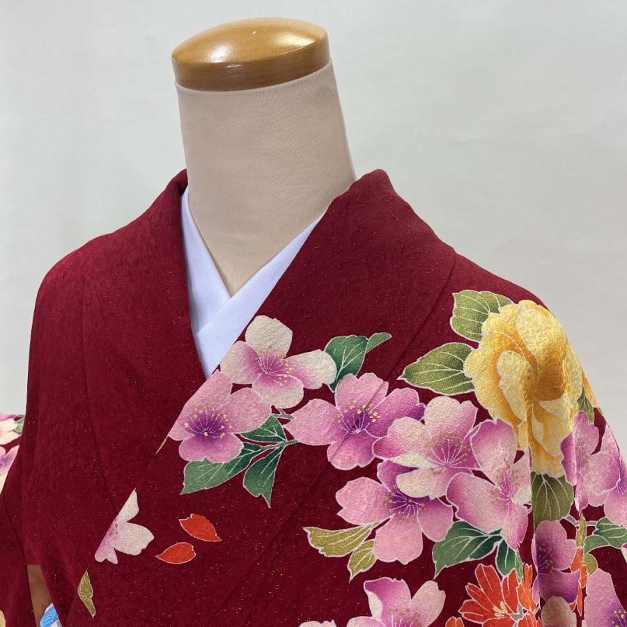 中古　振袖　正絹　美品　花柄　L サイズ　赤　黄色 ピンク　成人式　古典　裄69.5cm　身丈173cm　 1275 中古 振袖 正絹 美品 花柄 L サイズ 赤 黄色 ピンク 成人式 古典 裄