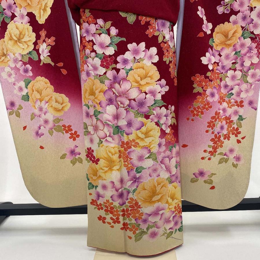 中古 振袖 正絹 美品 花柄 L サイズ 赤 黄色 ピンク 成人式 古典 裄 