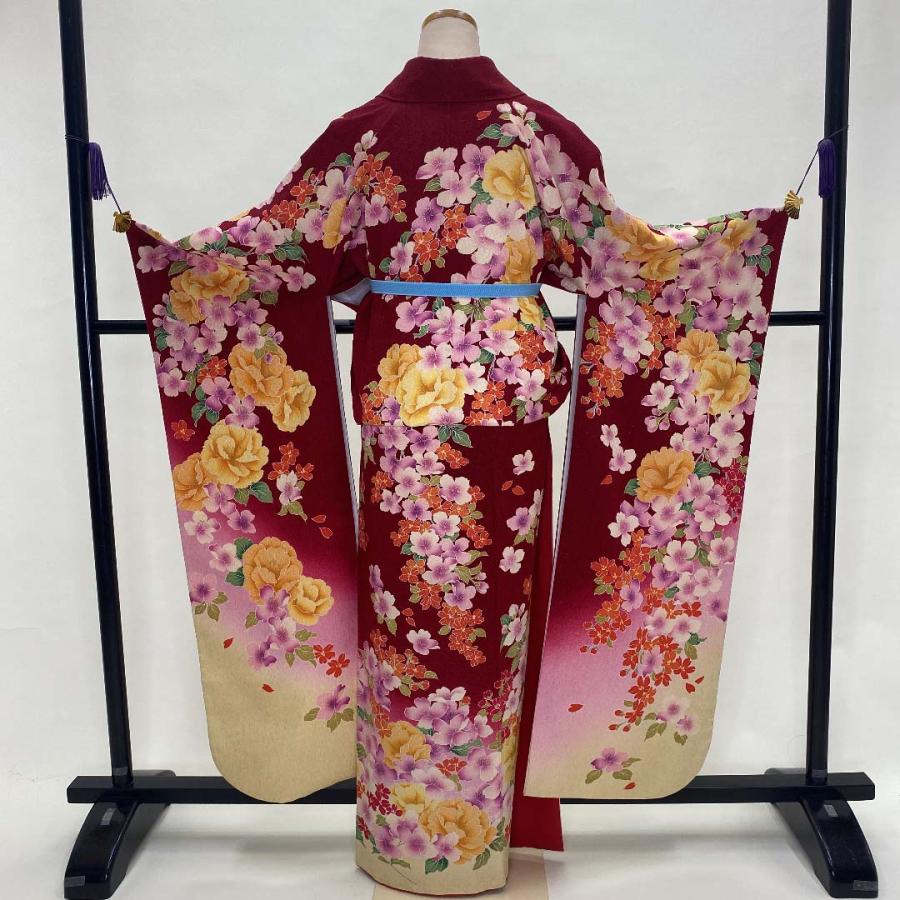 中古 振袖 正絹 美品 花柄 L サイズ 赤 黄色 ピンク 成人式 古典 裄