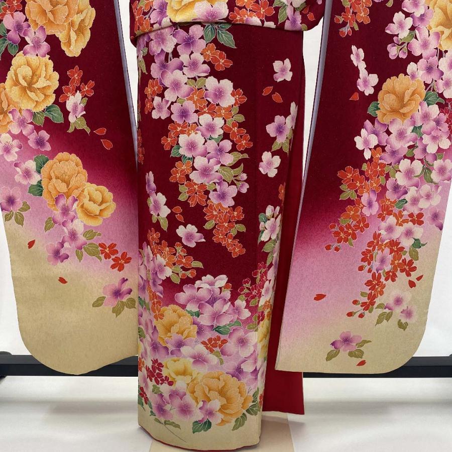 中古 振袖 正絹 美品 花柄 L サイズ 赤 黄色 ピンク 成人式 古典 裄