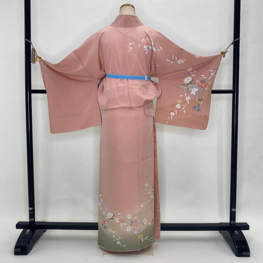 訪問着 中古 古典柄 オシャレ 花柄 緑 ピンク 裄丈68cm 身丈163cm 結婚  