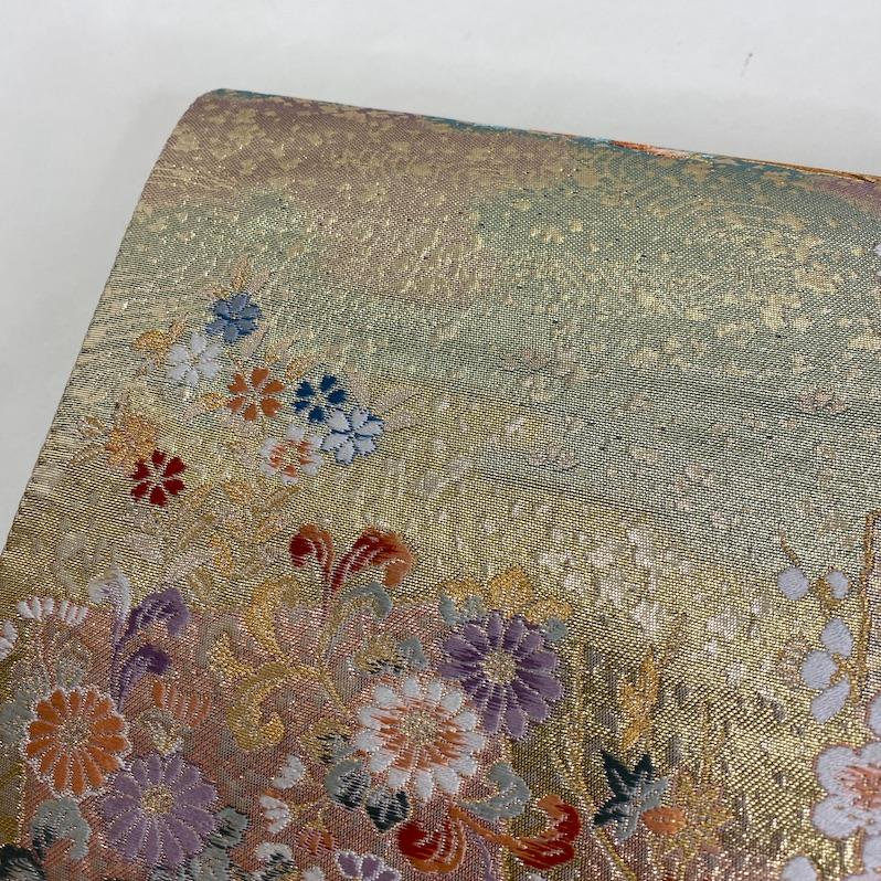 【袋帯】中古 帯 礼装 金 黄色 青 桜 御所車 正絹 結婚式 入学式 卒業式 リサイクル   440cm   1728 袋帯】中古 帯 礼装 金 黄色 青 桜 御所車 正絹 結婚式 入学式 卒業式