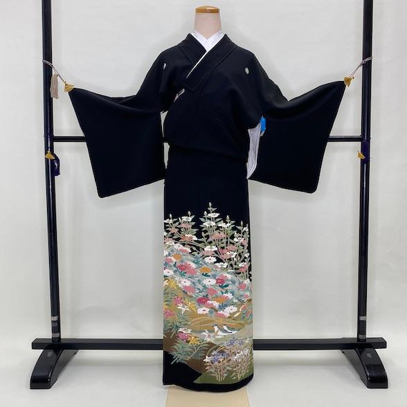 黒留袖 友禅 風 友禅調 落款入り 菊 オシドリ 虫食い 揚羽蝶紋 アゲハ 