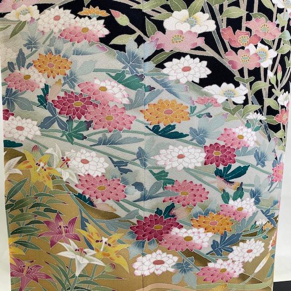 黒留袖 友禅 風 友禅調 落款入り 菊 オシドリ 虫食い 揚羽蝶紋 アゲハ 