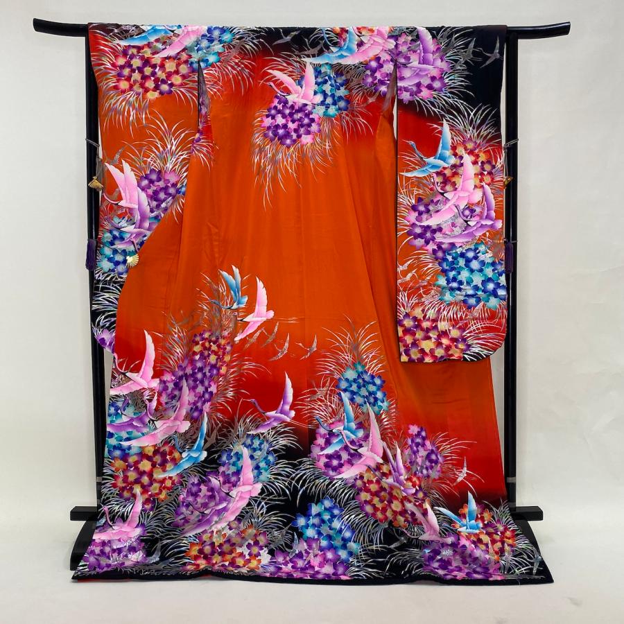 本振袖 引き振袖 正絹 赤色 オレンジ 黒 鶴 紫陽花 古典 刺繍 結婚式 
