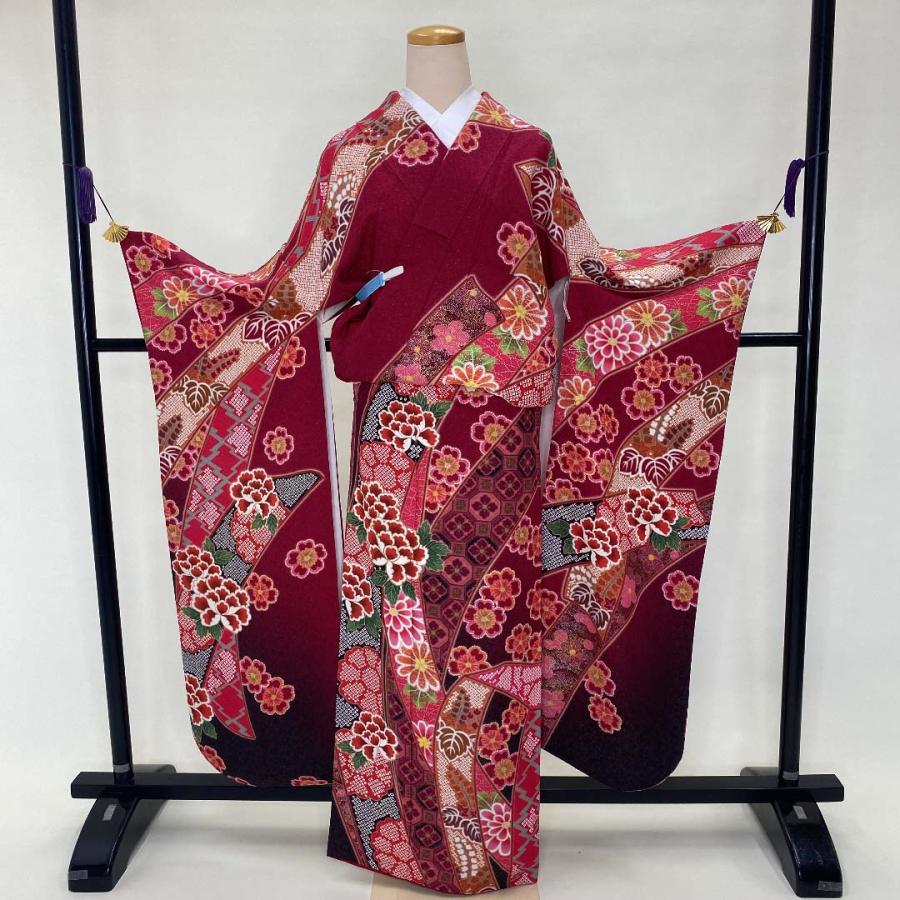 振袖 中古 正絹 美品 花柄 L サイズ ラメ入り エンジ 熨斗目 成人式  