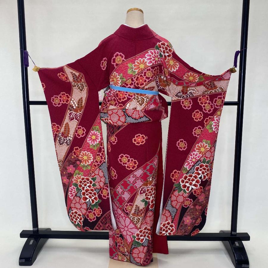 振袖 中古 正絹 美品 花柄 L サイズ ラメ入り エンジ 熨斗目 成人式 