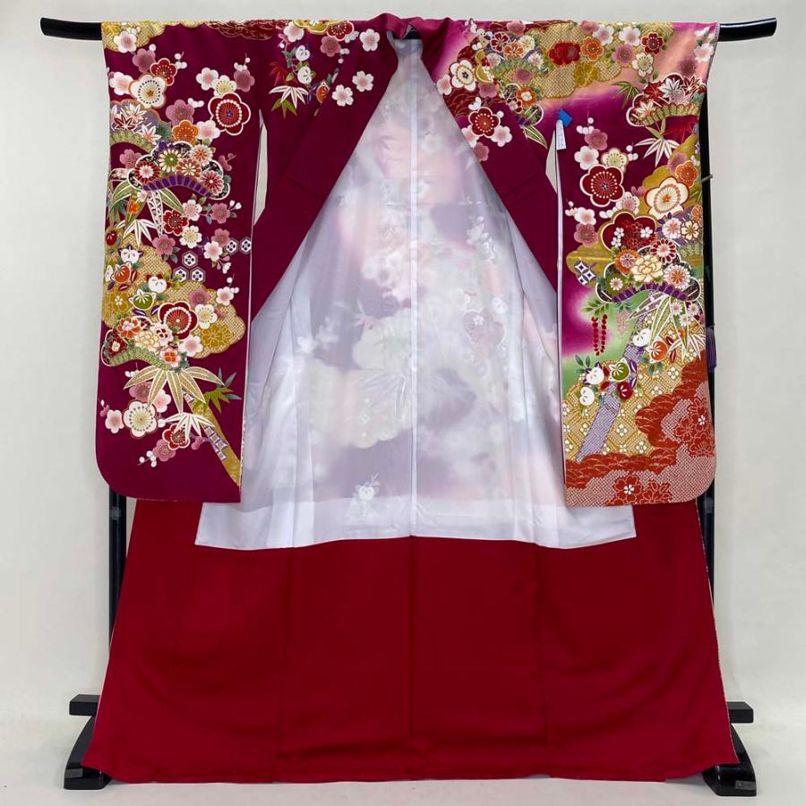振袖 中古 大きい ラメ入り 赤 ピンク 絞り柄 桜 正絹 美品 LL