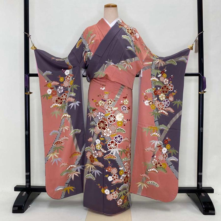 振袖 中古 ピンク 薄紫 松竹梅 正絹 Lサイズ 成人式 幅広 大きい 裄 
