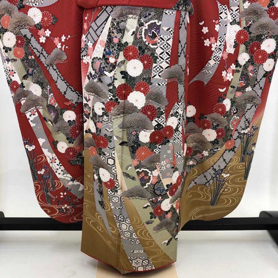 振袖5点セット 裄68cm 身丈170cm 熨斗目柄 振袖 帯 帯揚げ 帯締め 赤