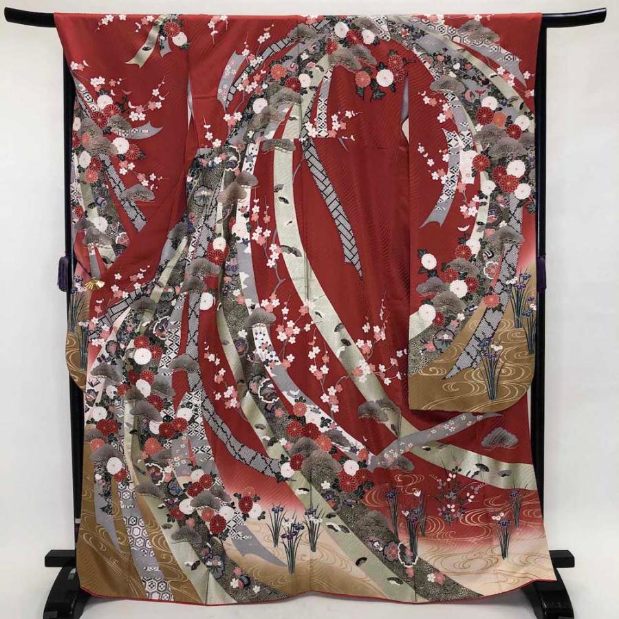 振袖5点セット 裄68cm 身丈170cm 熨斗目柄 振袖 帯 帯揚げ 帯締め 赤