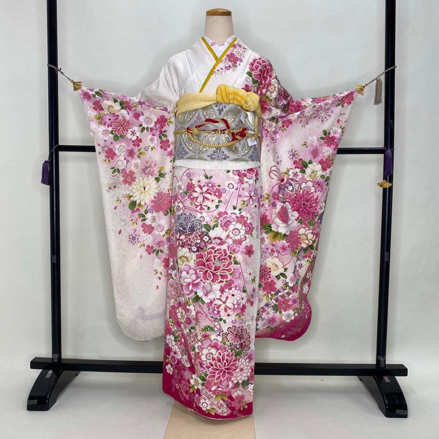 振袖フルセット 裄64.5cm 身丈168cm 振袖 帯 帯揚げ 帯締め 白 ピンク 