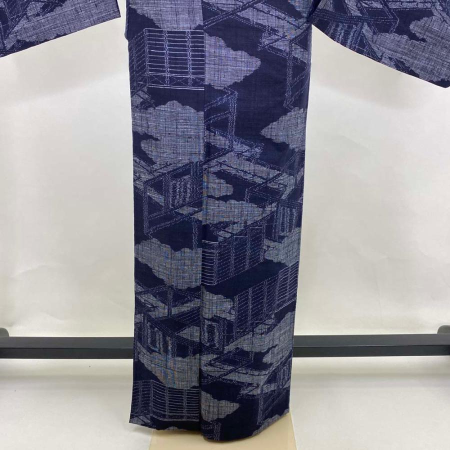 紬 単衣 正絹 紺 可愛い 風景画 お洒落着 普段着 夏着物 裄66cm 身丈
