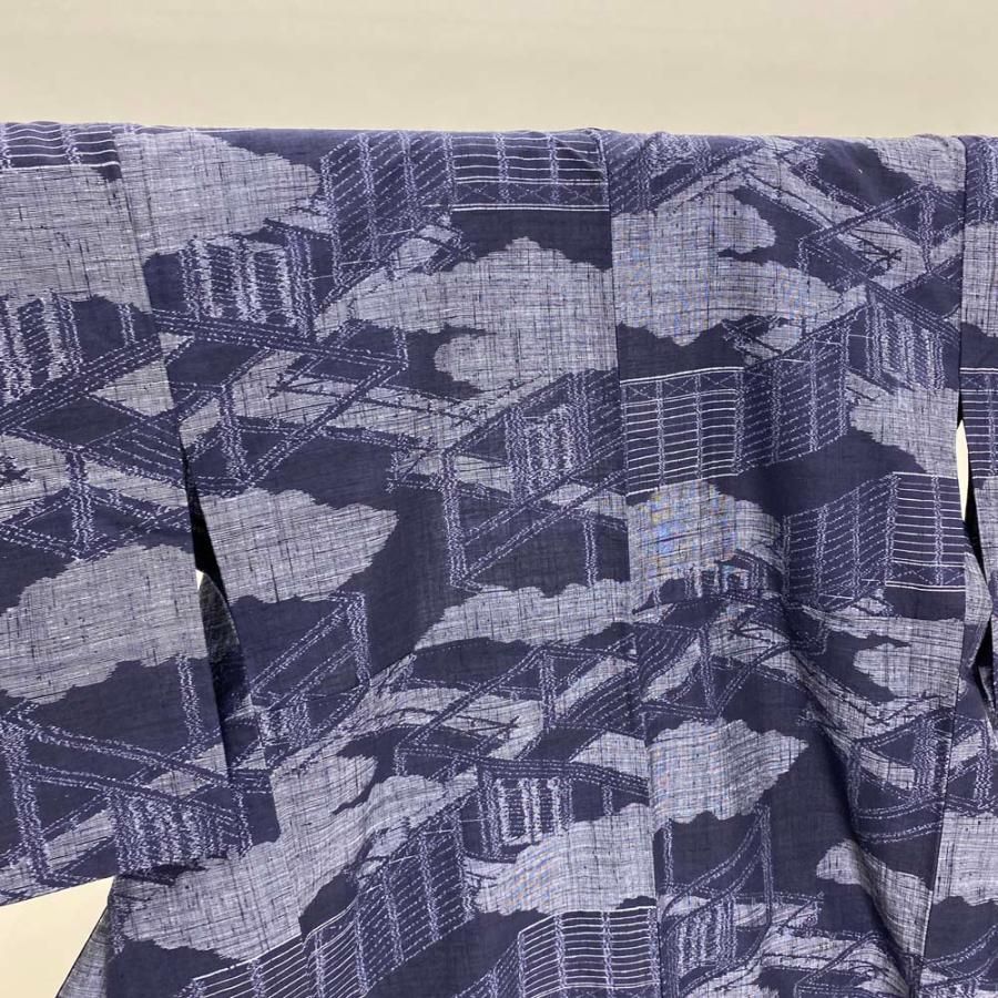 紬 単衣 正絹 紺 可愛い 風景画 お洒落着 普段着 夏着物 裄66cm 身丈