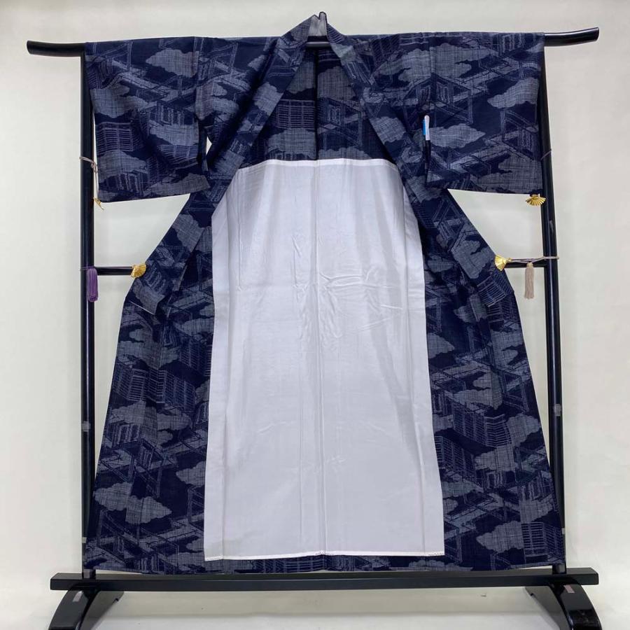 紬 単衣 正絹 紺 可愛い 風景画 お洒落着 普段着 夏着物 裄66cm 身丈167cm M サイズ 2741 紬 単衣 正絹 紺 可愛い 風景画 お洒落着 普段着 夏着物 裄66cm 身丈