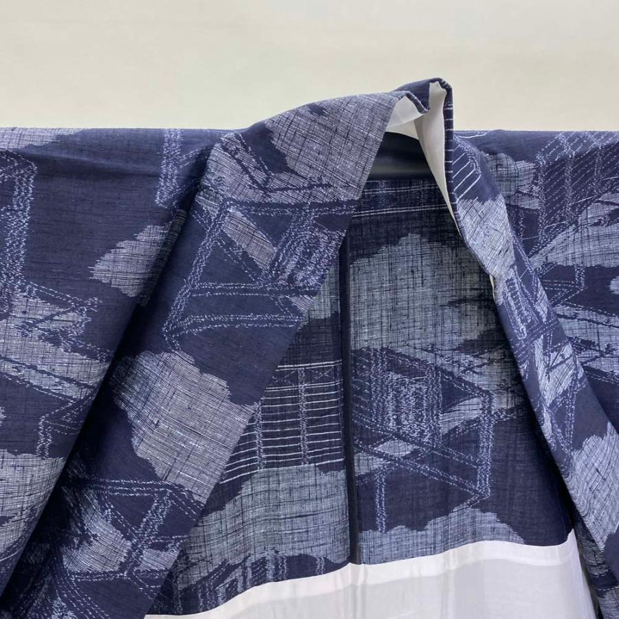 紬 単衣 正絹 紺 可愛い 風景画 お洒落着 普段着 夏着物 裄66cm 身丈