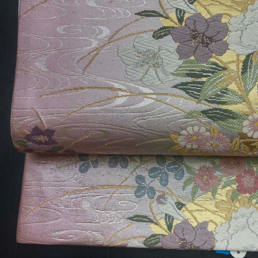 袋帯】刺繍 ピンク シルバー 六通柄袋帯 色無地 訪問着 付け下げ 中古  