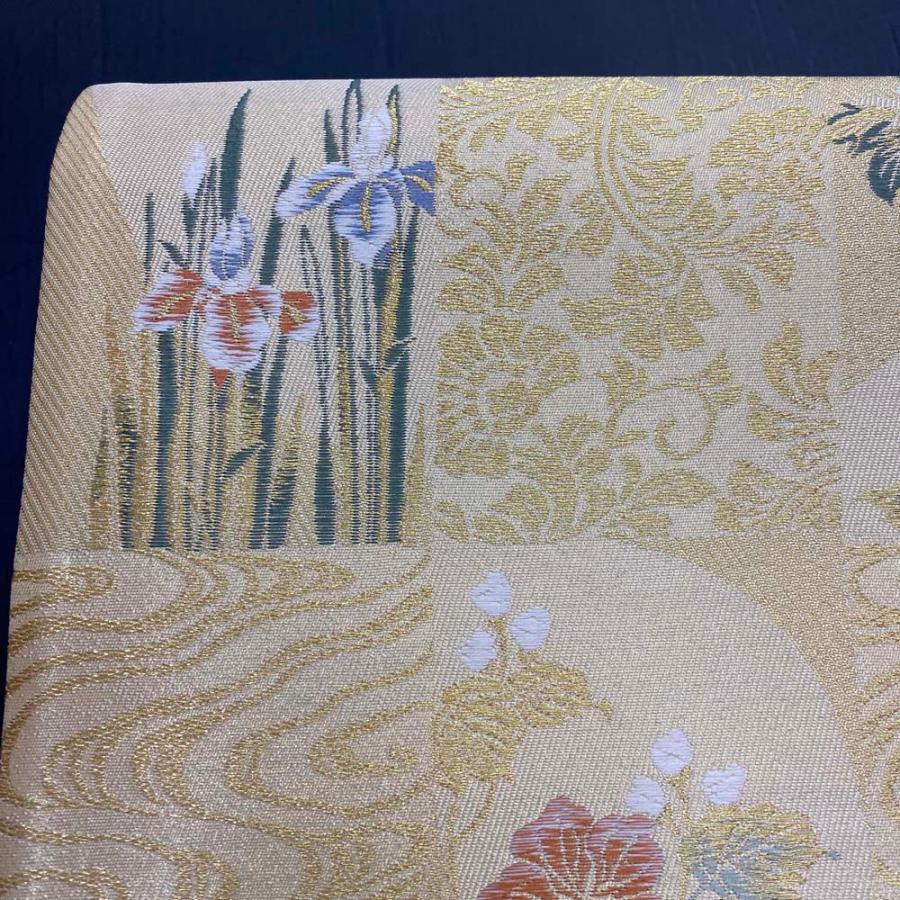 【袋帯】刺繍 金 市松模様 六通柄袋帯 色無地 訪問着 付け下げ 中古 礼装 正絹 仕立て上がり リサイクル 446cm 2842 刺繍 金 市松模様 六通柄袋帯 色無地 訪問着 付け下げ 中古 礼装 正絹