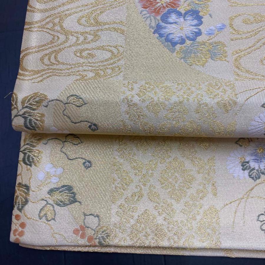 【袋帯】刺繍 金 市松模様 六通柄袋帯 色無地 訪問着 付け下げ 中古 礼装 正絹 仕立て上がり リサイクル 446cm 2842 刺繍 金 市松模様 六通柄袋帯 色無地 訪問着 付け下げ 中古 礼装 正絹