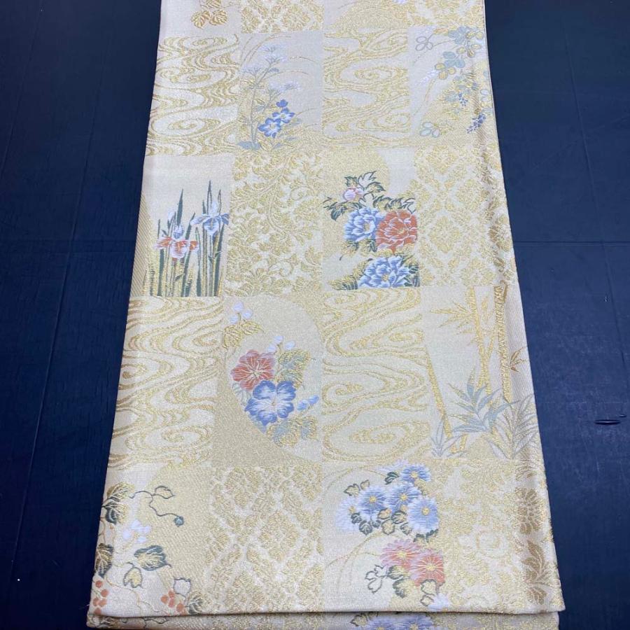 【袋帯】刺繍 金 市松模様 六通柄袋帯 色無地 訪問着 付け下げ 中古 礼装 正絹 仕立て上がり リサイクル 446cm 2842 刺繍 金 市松模様 六通柄袋帯 色無地 訪問着 付け下げ 中古 礼装 正絹