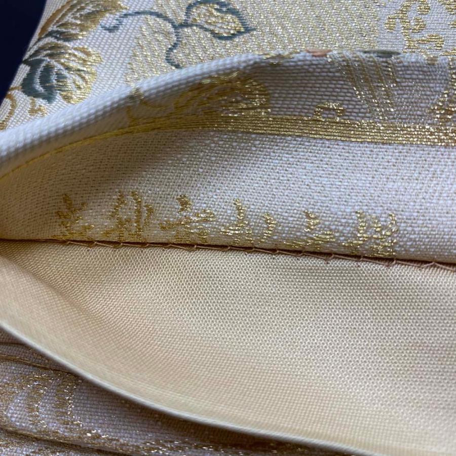 【袋帯】刺繍 金 市松模様 六通柄袋帯 色無地 訪問着 付け下げ 中古 礼装 正絹 仕立て上がり リサイクル 446cm 2842 刺繍 金 市松模様 六通柄袋帯 色無地 訪問着 付け下げ 中古 礼装 正絹
