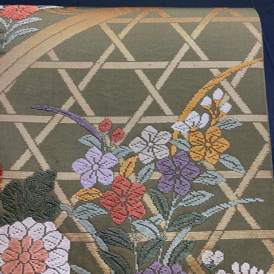 【袋帯】刺繍 抹茶色 六通柄袋帯 色無地 訪問着 付け下げ 中古 礼装 正絹 仕立て上がり リサイクル 434cm 2846 刺繍 抹茶色 六通柄袋帯 色無地 訪問着 付け下げ 中古 礼装 正絹