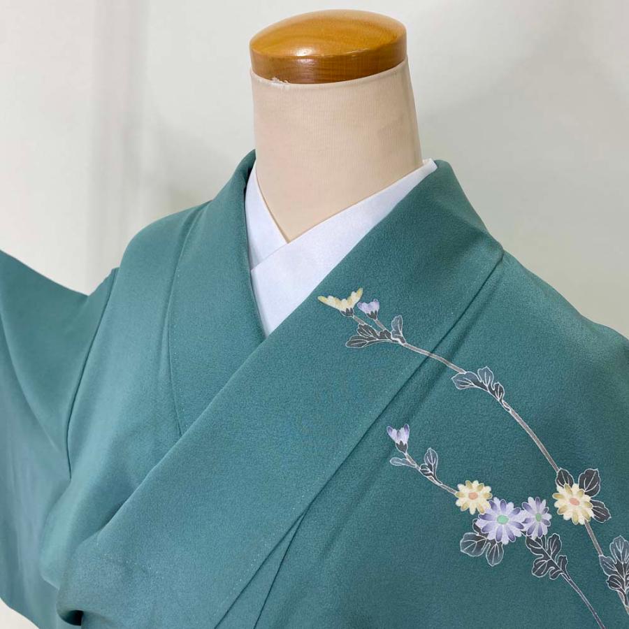 訪問着 中古 緑 人物画 人形柄 古典 裄丈68cm 身丈166.5cm 結婚式 着物  