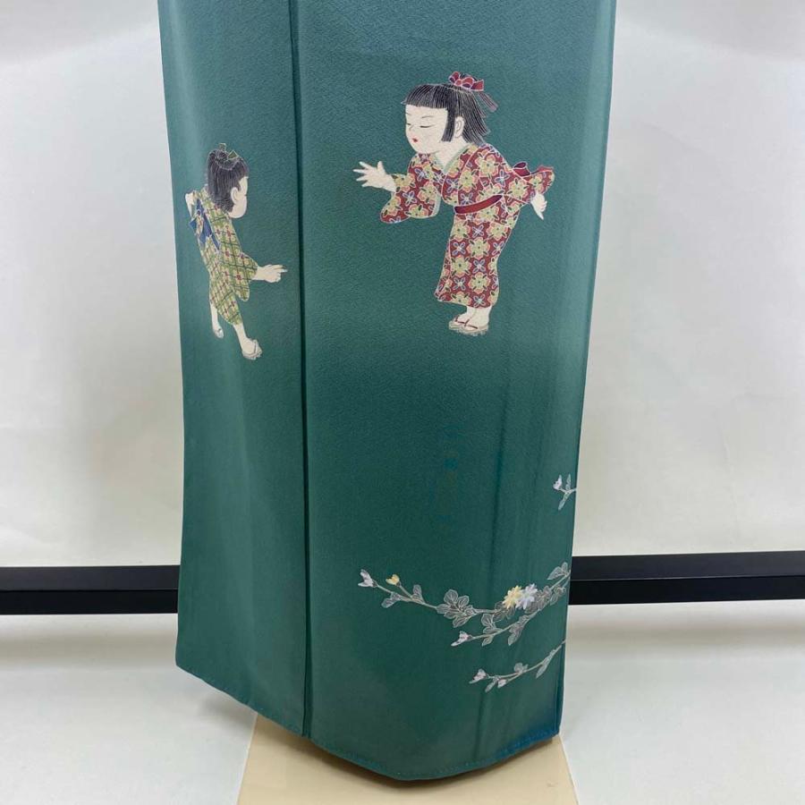 訪問着 中古 緑 人物画 人形柄 古典 裄丈68cm 身丈166.5cm 結婚式 着物  