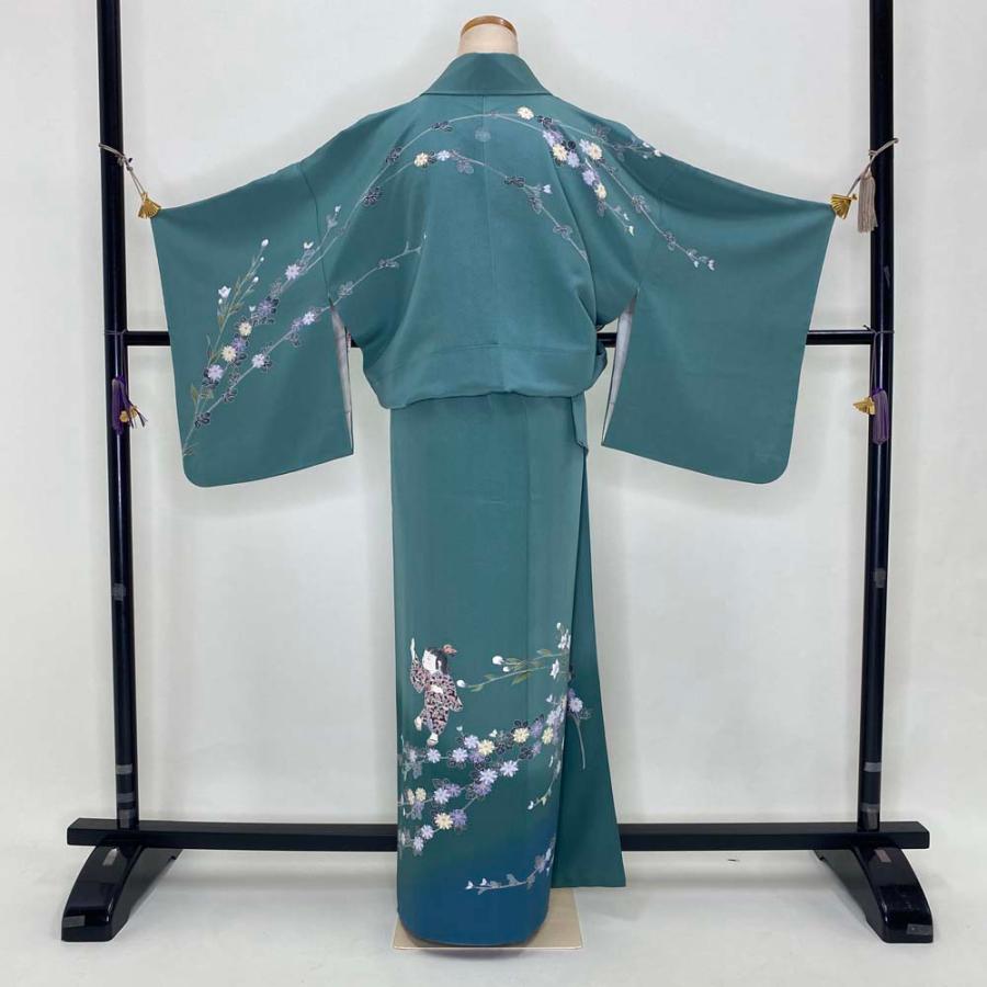 訪問着 中古 緑 人物画 人形柄 古典 裄丈68cm 身丈166.5cm 結婚式 着物  