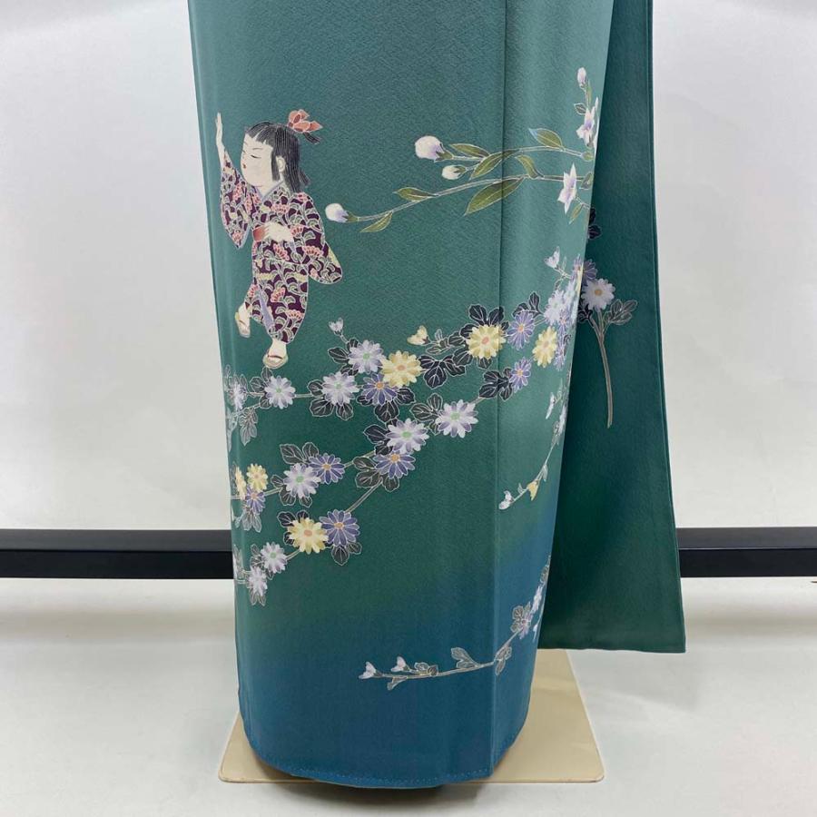 訪問着 中古 緑 人物画 人形柄 古典 裄丈68cm 身丈166.5cm 結婚式 着物 