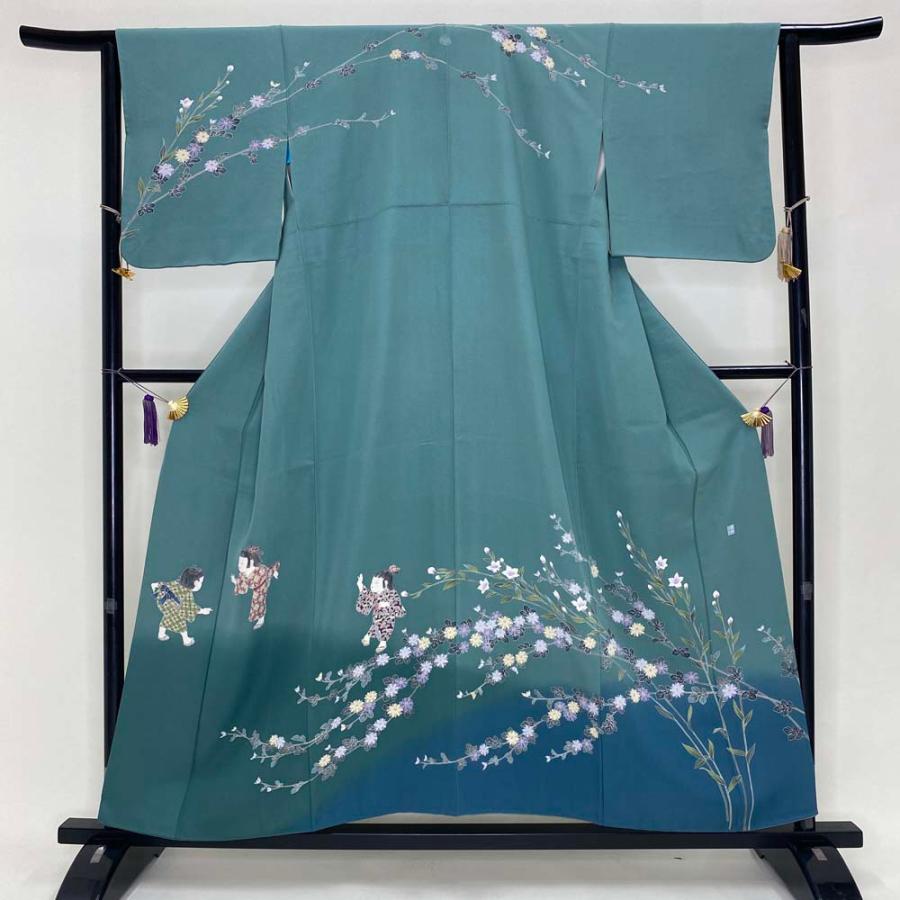 訪問着 中古 緑 人物画 人形柄 古典 裄丈68cm 身丈166.5cm 結婚式 着物  