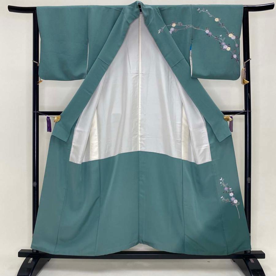 訪問着 中古 緑 人物画 人形柄 古典 裄丈68cm 身丈166.5cm 結婚式 着物  