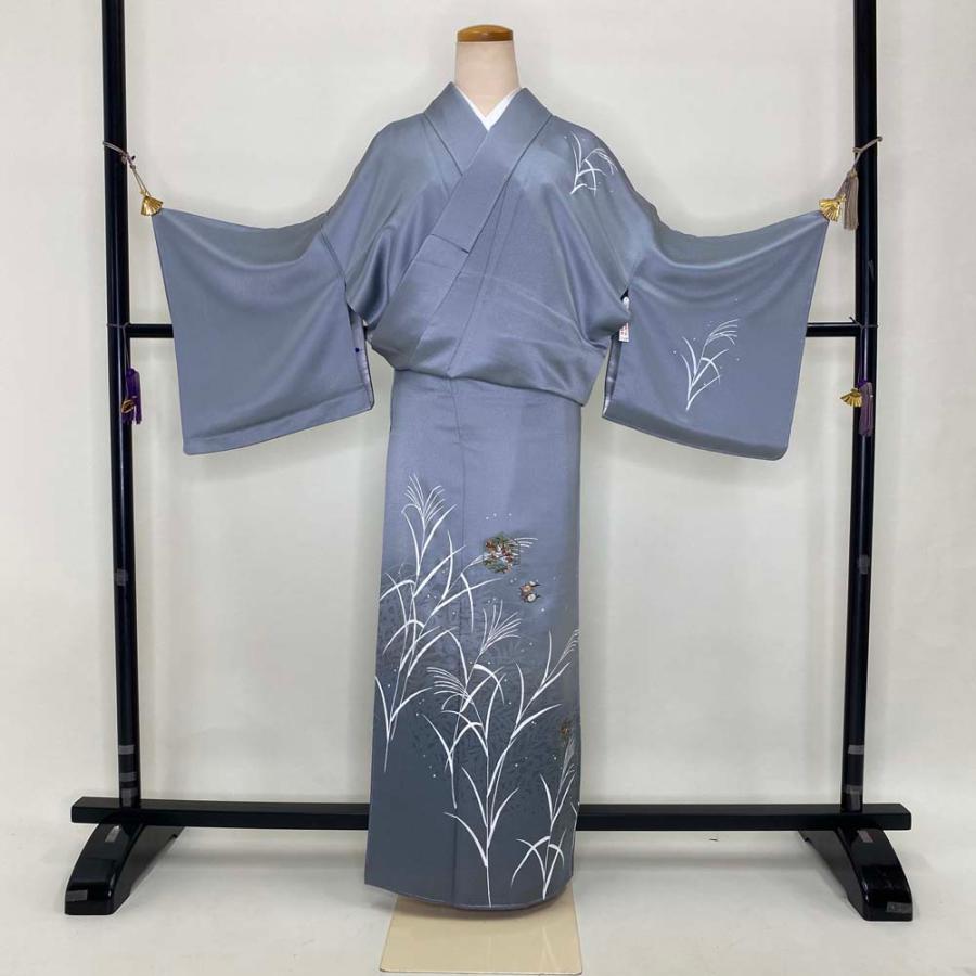 付け下げ 訪問着 中古 幅広 大きめ グレー 刺繍 裄丈66.5cm 身丈160cm 