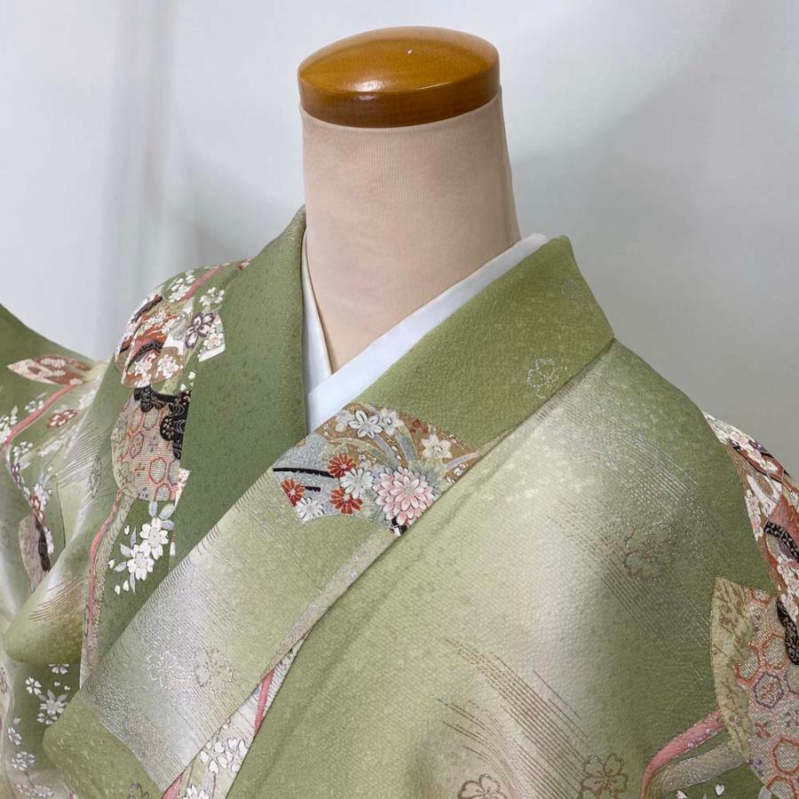 小紋 正絹 普段着 洒落技 裄丈64cm 身丈159cm 緑 抹茶 花柄 S