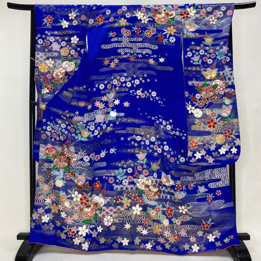 振袖 中古 青色 裄66.5cm 身丈166cm 正絹 美品 Mサイズ 成人式 古典  