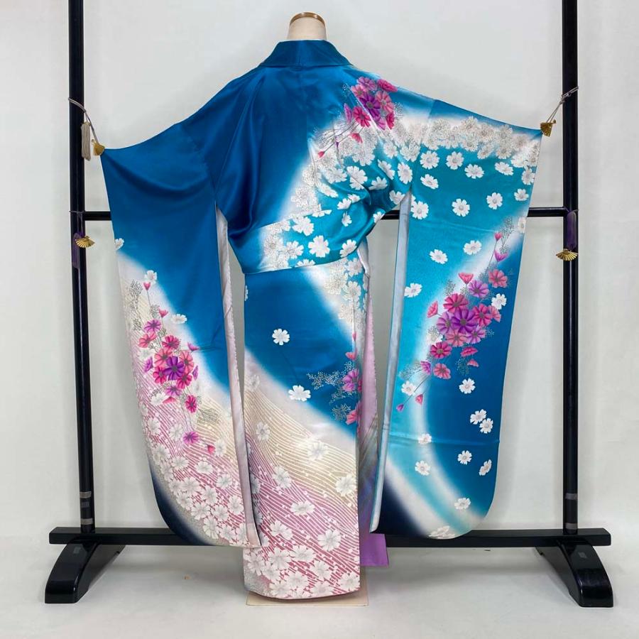 振袖 中古 青色 ピンク 白 幅広 大きめ 裄67cm 身丈162cm 正絹 美品 L 